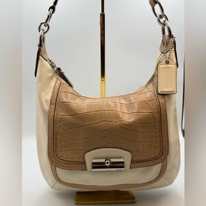 Coach Kristin Leather Shoulder Bag Creme Tan Zip close Pink Lined Silver clasp